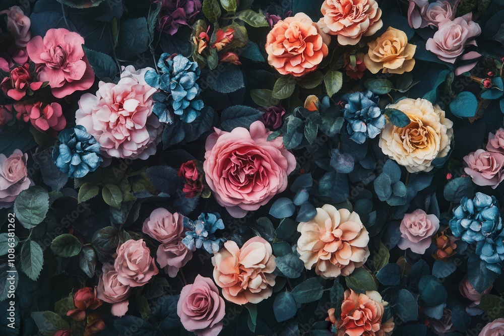 Naklejka premium A floral background with a variety of colorful flowers and green leaves.