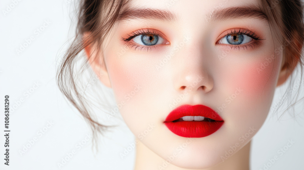 close up portrait of woman with striking blue eyes and bold red lips, showcasing flawless skin and soft makeup. image conveys elegance and beauty close up portrait of woman with striking blue eyes and bold red lips, showcasing flawless skin and soft makeup. image conveys elegance and beauty