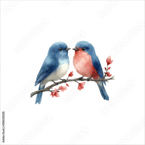 Watercolor lovebirds couple on a branch clipart. love Birds and heart watercolor illustration.