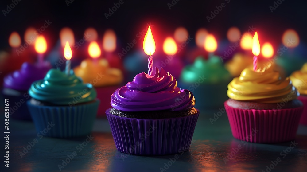 Colorful Birthday Cupcakes with Candles Colorful Birthday Cupcakes with Candles