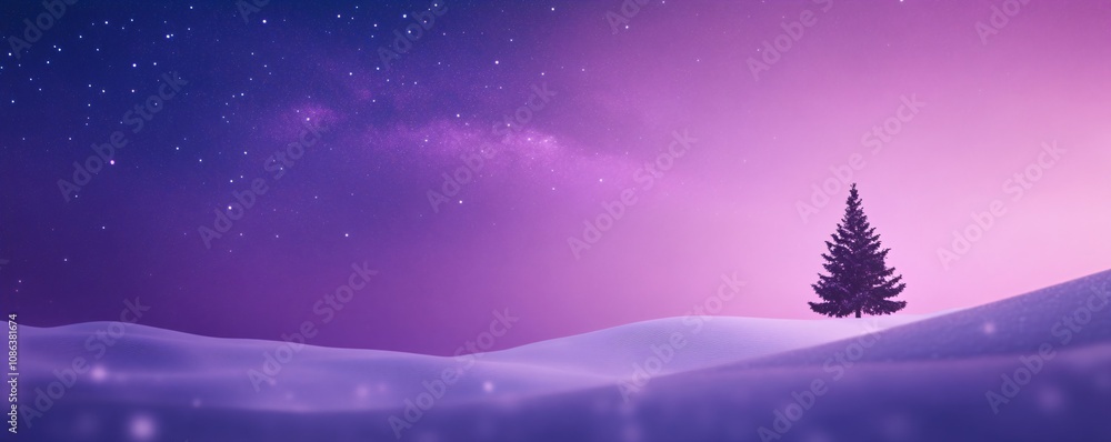 Naklejka premium Beautiful spruce tree against magic snowy landscape with dark blue and purple night starry sky. Happy New Year and Merry Christmas. Winter holidays celebration background. Color of 2025 