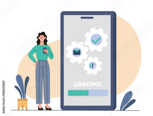 Woman with system update. Young girl near smartphone loading data. Person with software updating. Maintenance application. Drivers updating. Flat vector illustration isolated on white background