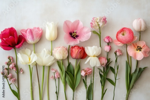 Wallpaper Mural A row of various pink and white flowers on a white background. Torontodigital.ca