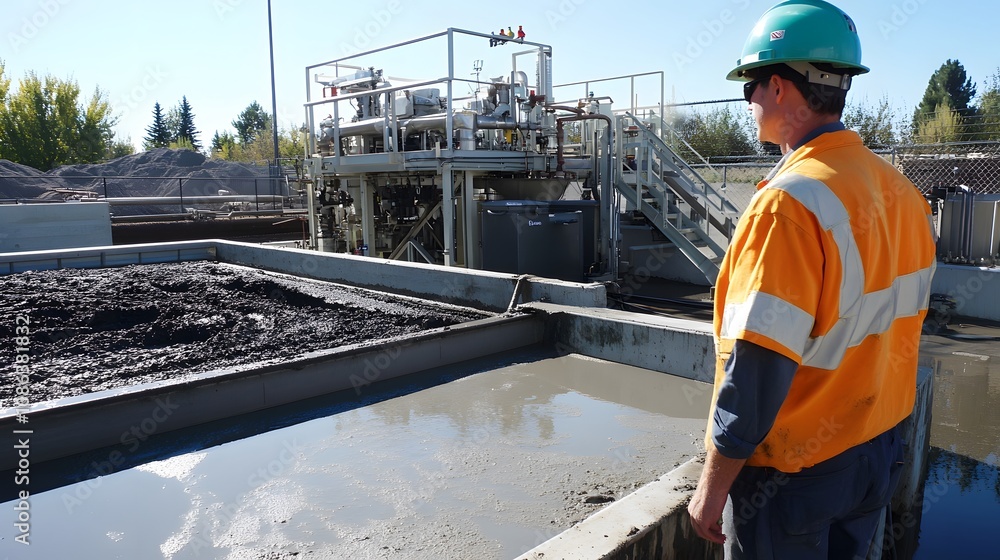 8. A technician monitoring a sludge dewatering process with equipment in the background 8. A technician monitoring a sludge dewatering process with equipment in the background