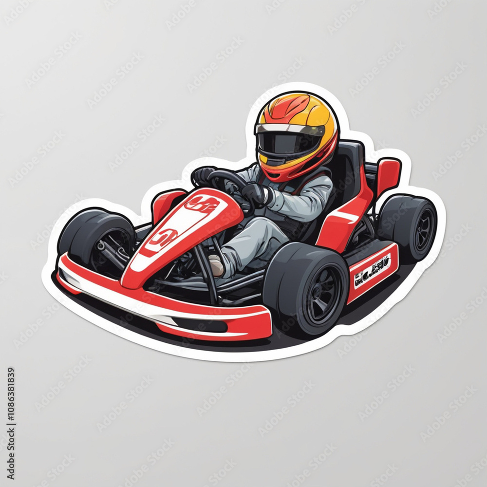 Go kart racer character in red uniform. professional driving race sport competition in cartoon illustration