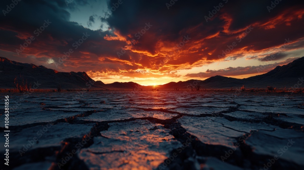 Fototapeta premium Drought Landscape Under Dramatic Sunset Sky