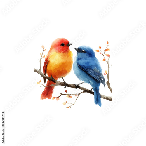 Watercolor lovebirds couple on a branch clipart. love Birds and heart watercolor illustration.
