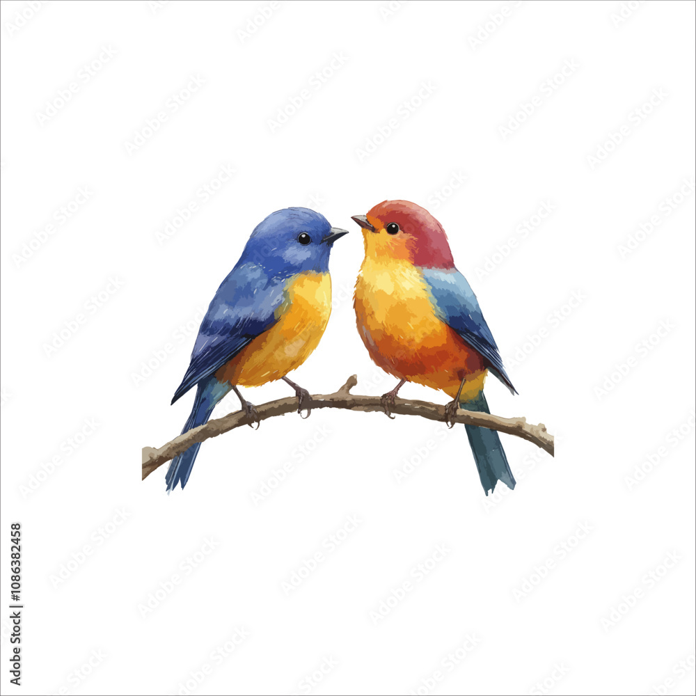 Fototapeta premium Watercolor lovebirds couple on a branch clipart. love Birds and heart watercolor illustration.