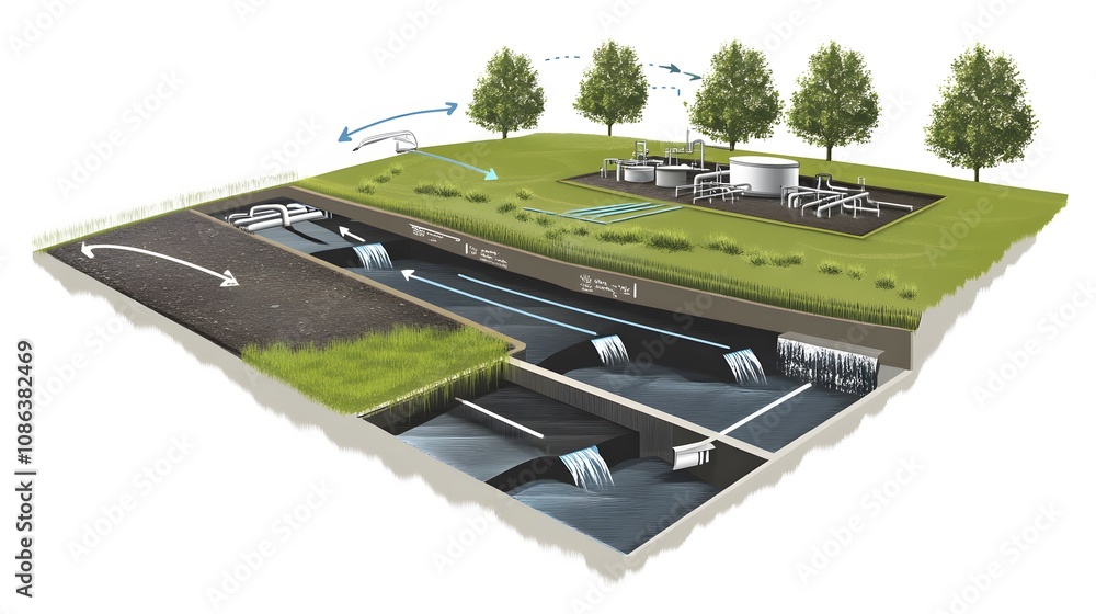 Fototapeta premium 17. An illustrative diagram of the sludge dewatering process with arrows and flow