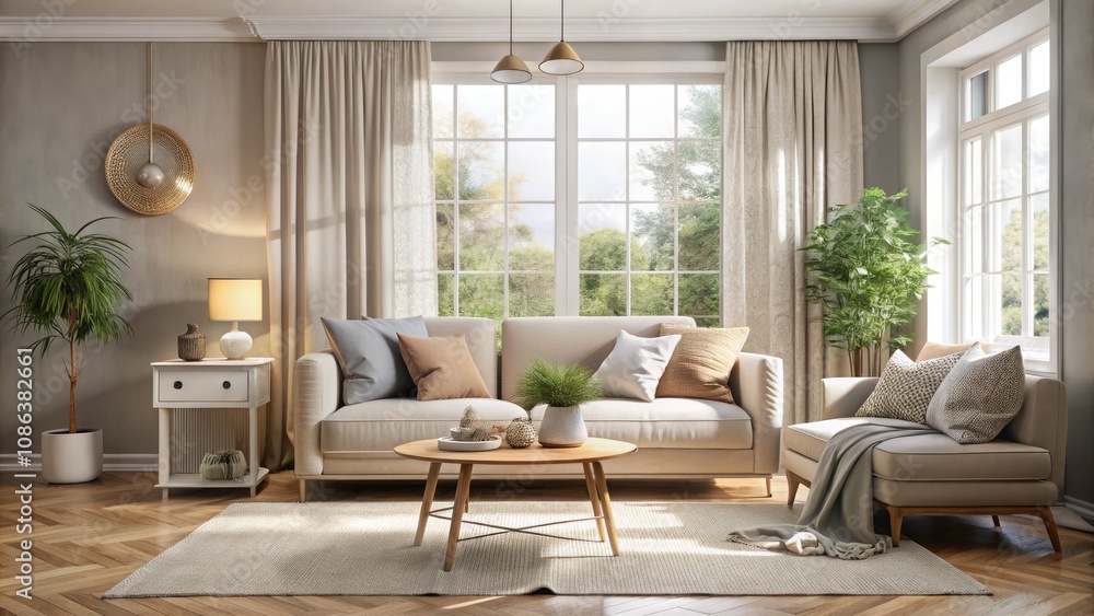 Fototapeta premium Cozy Stylish Living Room Interior with Pastel Sofa and Natural Light – Perfect for Home Decor Inspiration and Warm Atmosphere