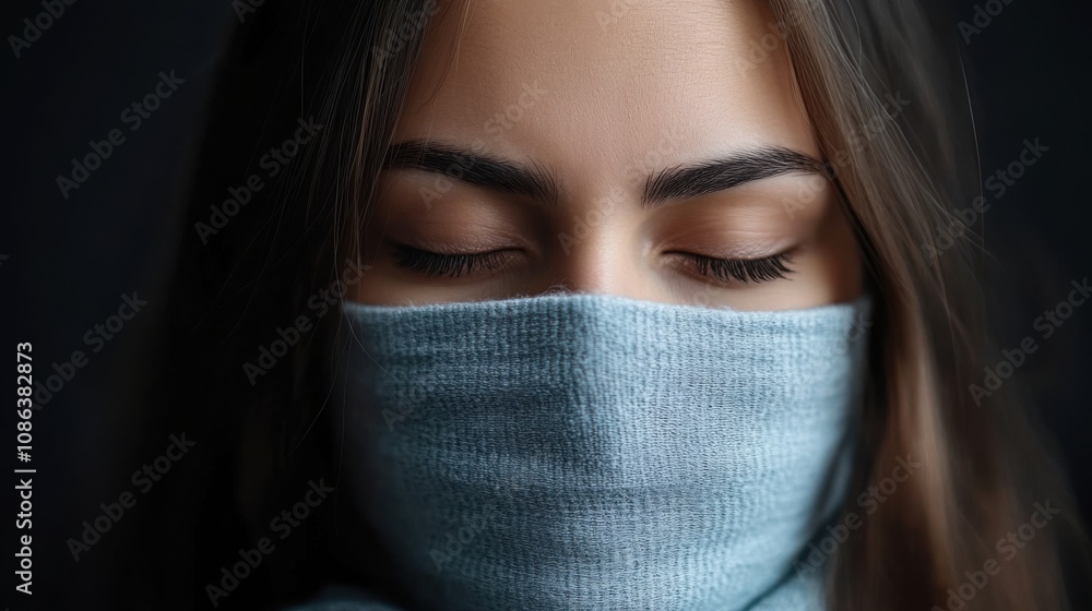 Woman with Mask Surrounded by Dust and Contaminants Woman with Mask Surrounded by Dust and Contaminants