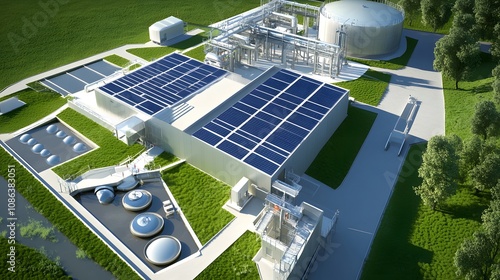 25. A modern facility with solar panels powering sludge dewatering equipment photo