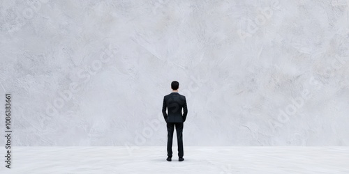 Thoughtful Businessman in Suit Standing Before a Plain Gray Wall, Symbolizing Decision-Making, Vision, and the Start of a New Journey in a Corporate Environment