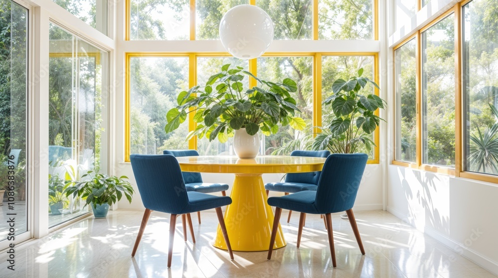 Obraz premium Contemporary dining room with large windows, yellow table, blue chairs, and green plants in a sunlit, airy interior space.