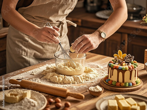 Baker making a cake with various ingredients, celebrating the art of baking and creativity in the kitchen