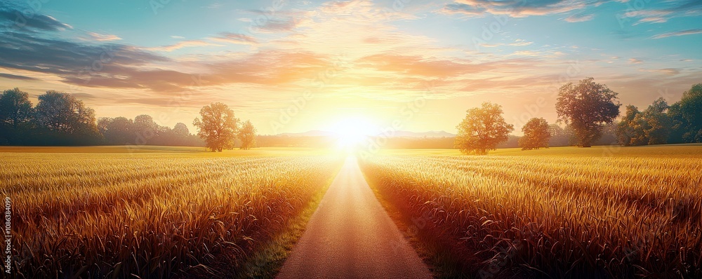 Serene Sunrise Over Golden Wheat Field with Expansive Sky and Vibrant Colors Illuminating Tranquil Rural Landscape and Quiet Road Ahead Serene Sunrise Over Golden Wheat Field with Expansive Sky and Vibrant Colors Illuminating Tranquil Rural Landscape and Quiet Road Ahead
