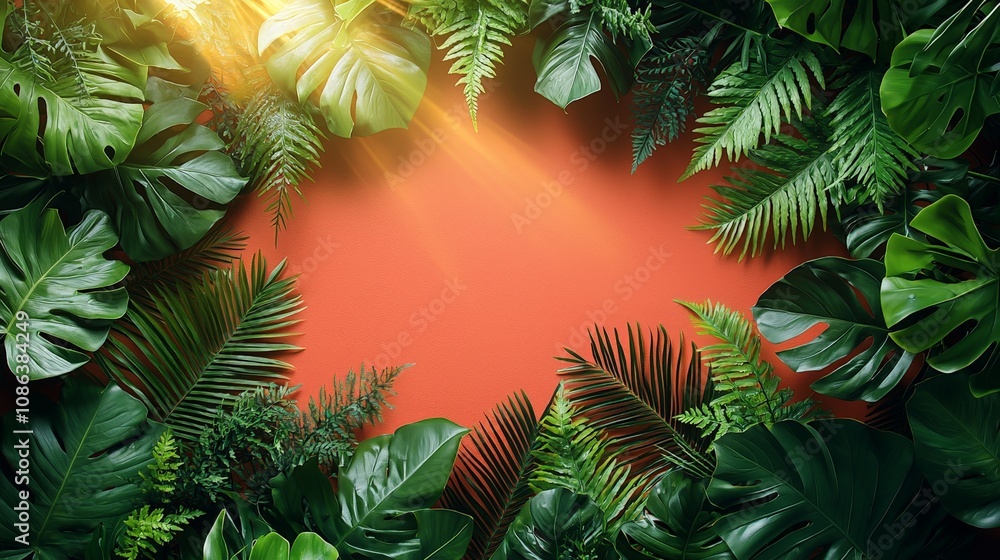 Lush green leaves frame a vibrant orange background, illuminated by soft sunlight. Lush green leaves frame a vibrant orange background, illuminated by soft sunlight.
