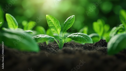 Close-Up of Healthy Green Plant Emerging from Rich Dark Soil in a Vibrant Green Background, Symbolizing Growth and Cultivation in Nature