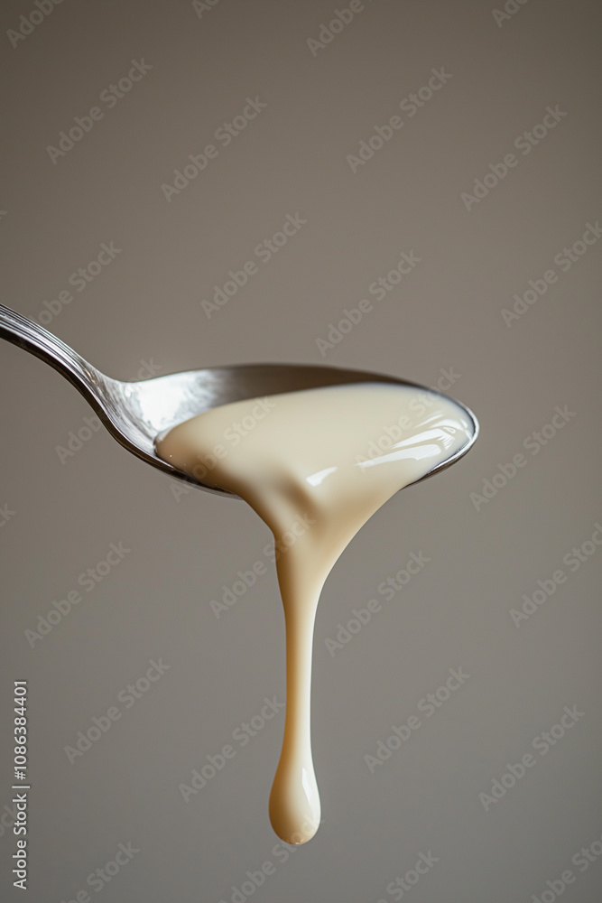 A spoon with a creamy white sauce dripping from the edge A spoon with a creamy white sauce dripping from the edge