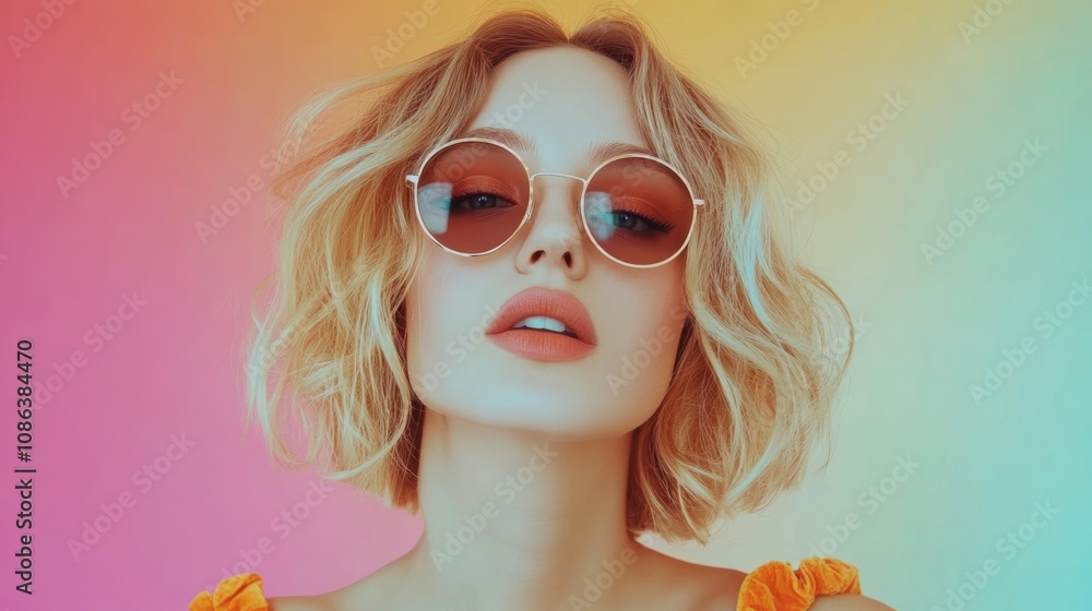Fototapeta premium A stylish blonde woman in vibrant sunglasses and a bright dress radiates joy against a lively, colorful backdrop, embodying summers playful spirit.