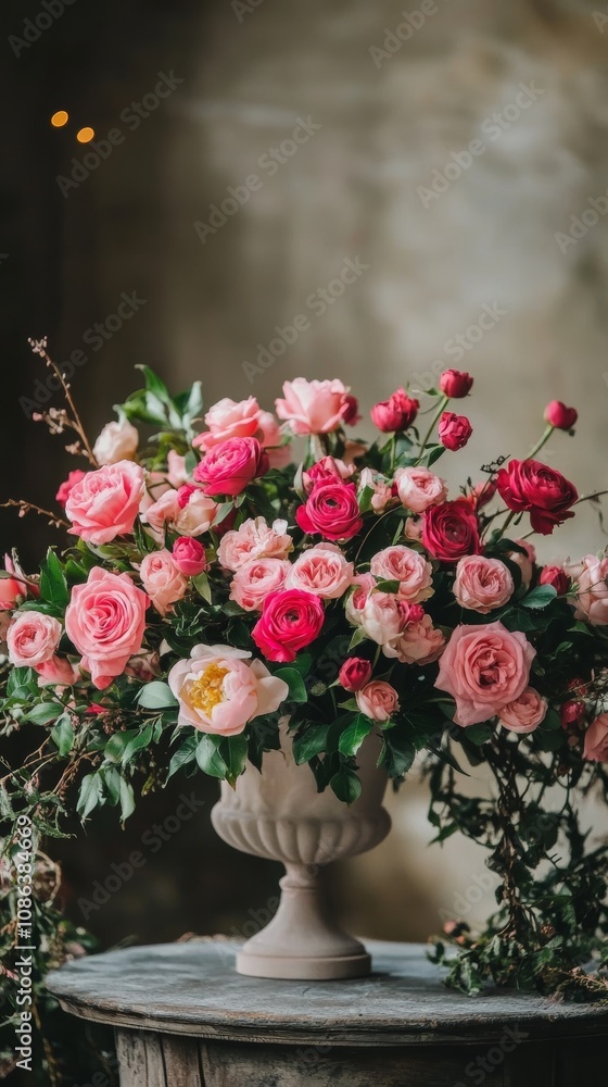 A vibrant close-up of a vase overflowing with delicate pink and white flowers, elegantly arranged on a stylish table, exuding freshness and charm. A vibrant close-up of a vase overflowing with delicate pink and white flowers, elegantly arranged on a stylish table, exuding freshness and charm.