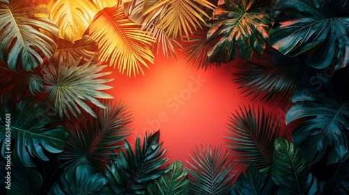 Lush green leaves frame a vibrant red background, creating a tropical aesthetic.