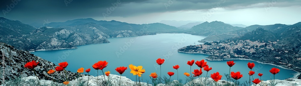Scenic Overlook of a Serene Lake Surrounded by Dramatic Mountains and Vibrant Wildflowers in Full Bloom Under a Cloudy Sky Scenic Overlook of a Serene Lake Surrounded by Dramatic Mountains and Vibrant Wildflowers in Full Bloom Under a Cloudy Sky