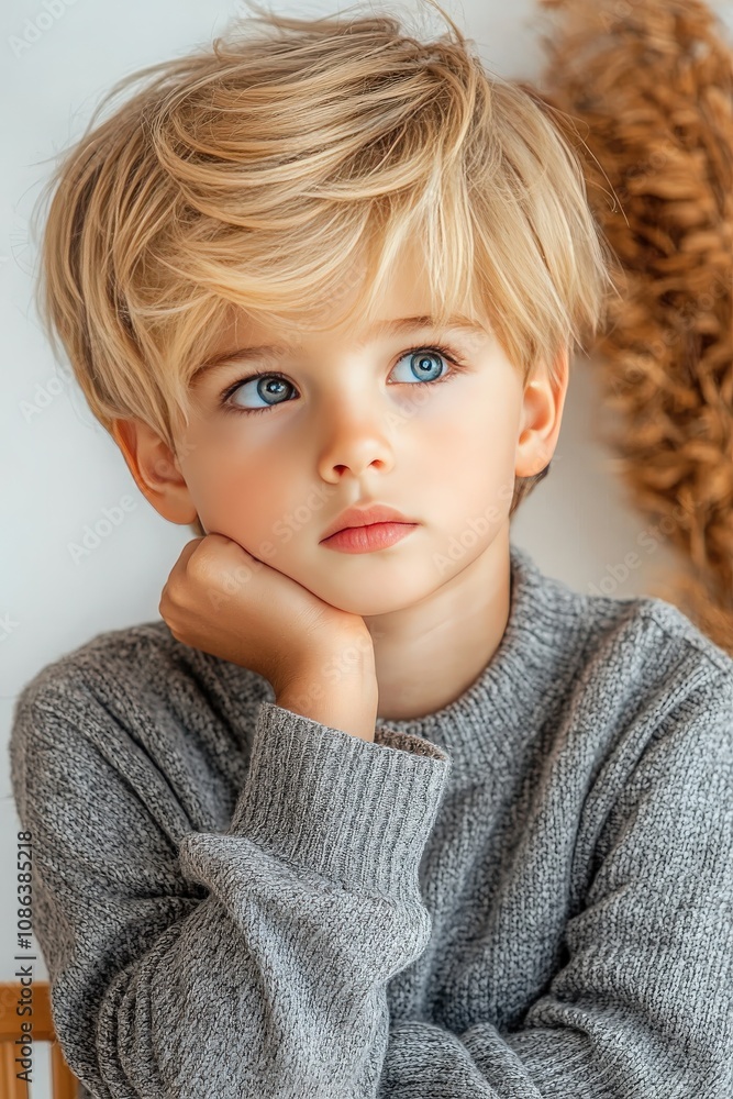 Pensive Young Boy in Grey Sweater Pensive Young Boy in Grey Sweater