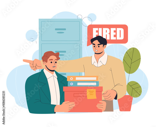 Man fired from job. Boss yells at sad employee. Negative feelings and emotions. Jobless worker. Young guy with box of personal things in office. Flat vector illustration isolated on white background