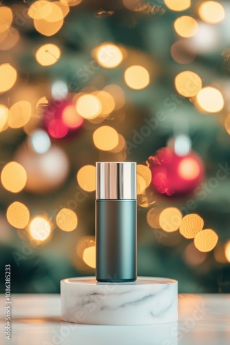 Elegant Serum Bottle on Marble with Warm Festive Lights