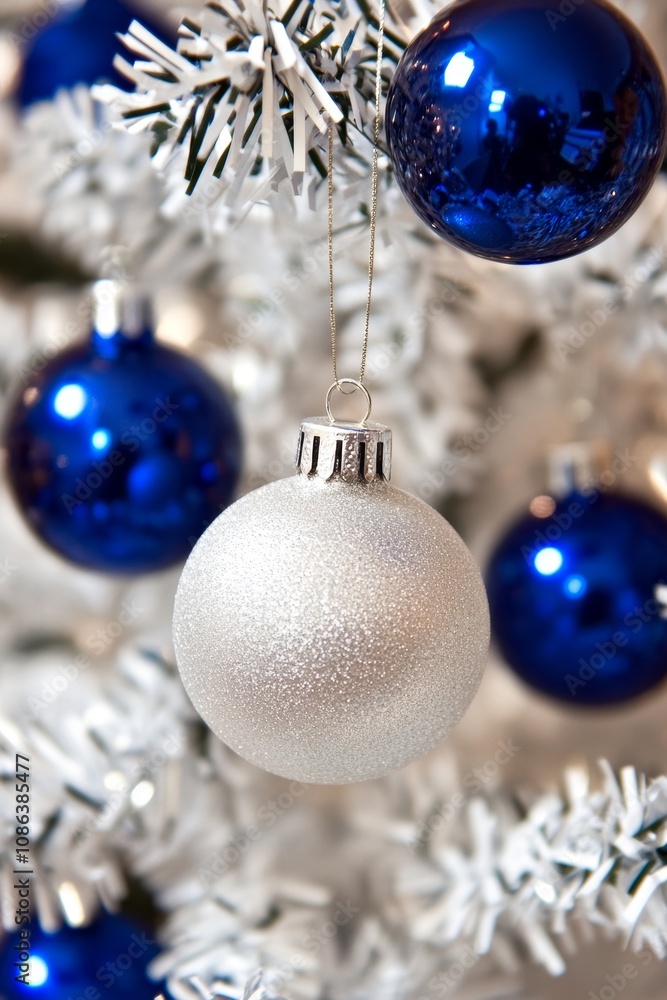 A delicate white and blue Christmas ornament dangles gracefully from a lush green tree, capturing the festive spirit and shimmering light of the holiday season. A delicate white and blue Christmas ornament dangles gracefully from a lush green tree, capturing the festive spirit and shimmering light of the holiday season.