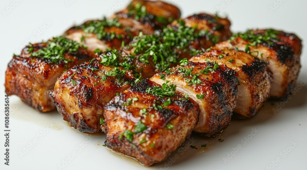 Grilled chicken pieces, seasoned and garnished with fresh herbs, served on a white plate. Grilled chicken pieces, seasoned and garnished with fresh herbs, served on a white plate.