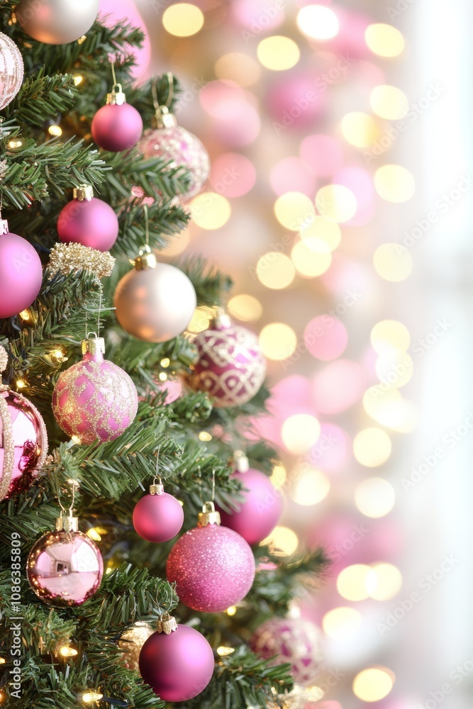 Fototapeta premium A beautifully decorated Christmas tree adorned with pink and white ornaments, radiating festive cheer and warmth in a cozy holiday setting.