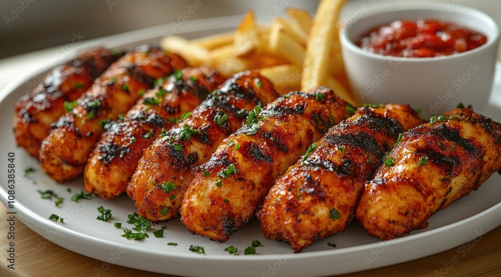 Grilled chicken sausages served with french fries and salsa. Grilled chicken sausages served with french fries and salsa.