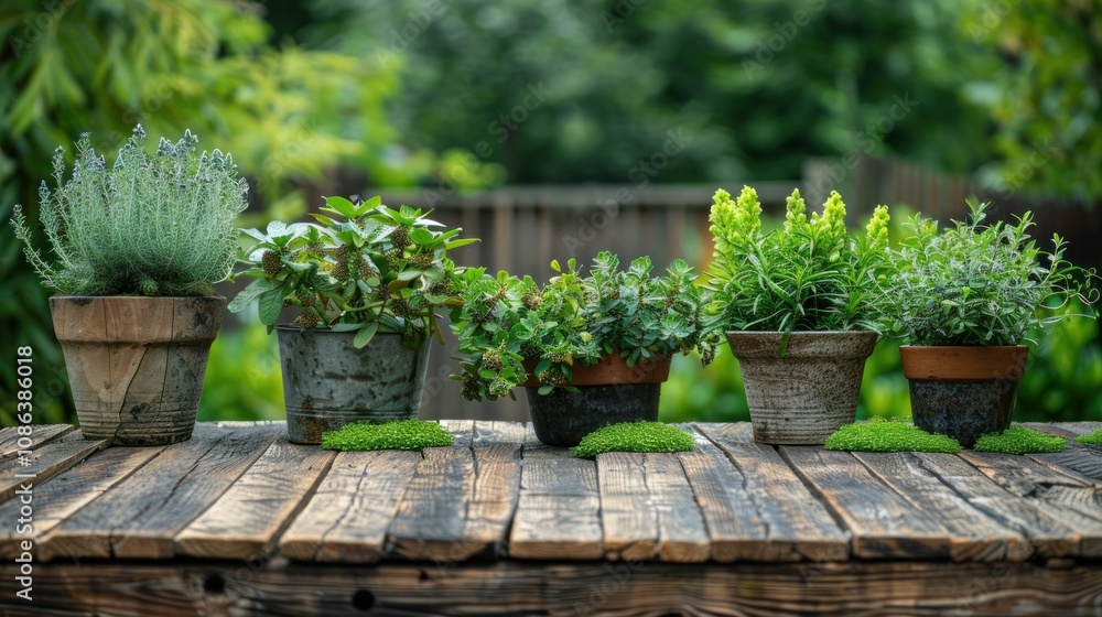Fototapeta premium Five potted herbs and plants sit on a rustic wooden table outdoors.