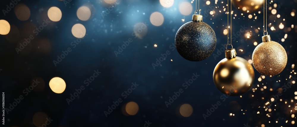 Elegant Christmas ornaments in gold and black tones, hanging against a dark, sparkling background with festive bokeh lights. Elegant Christmas ornaments in gold and black tones, hanging against a dark, sparkling background with festive bokeh lights.