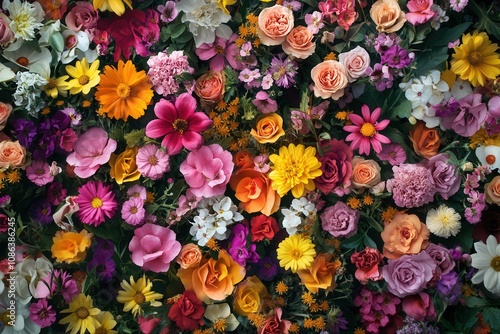 A vibrant, close-up image of a colorful flower wall, with various blooms in pink, yellow, orange, red, and white.