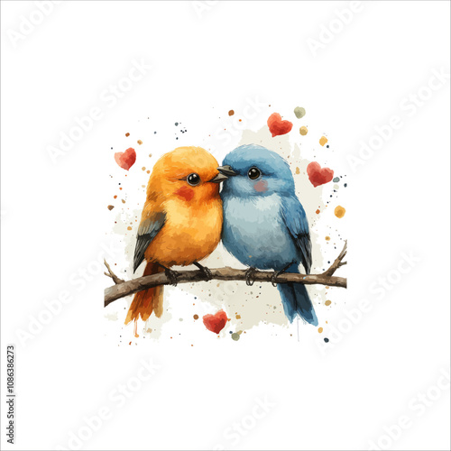 Watercolor lovebirds couple on a branch clipart. love Birds and heart watercolor illustration.