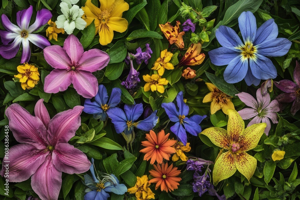 A vibrant collection of colorful flowers arranged on a green background. A vibrant collection of colorful flowers arranged on a green background.