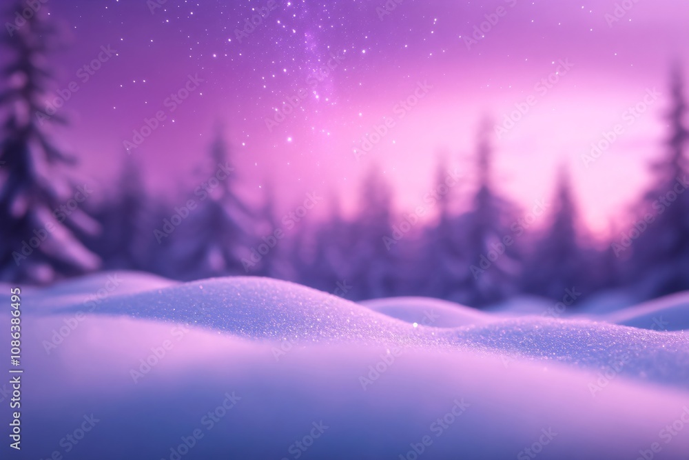 Fotobehang Purper Winter nature background with frozen fir trees covered snow and ice at starry night. Beautiful aurora borealis in north pole, northern lights. Magic Christmas night. Color of 2025 year #1086386495