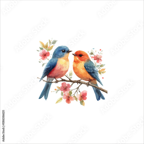 Watercolor lovebirds couple on a branch clipart. love Birds and heart watercolor illustration.