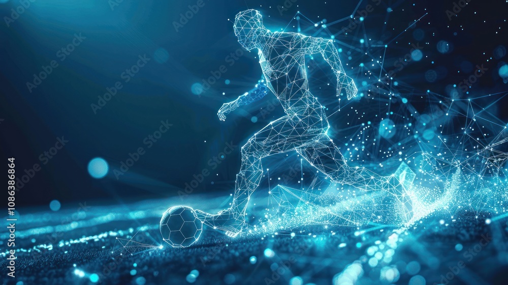 A digital representation of a soccer player running with the ball in a blue, futuristic, and abstract style. A digital representation of a soccer player running with the ball in a blue, futuristic, and abstract style.