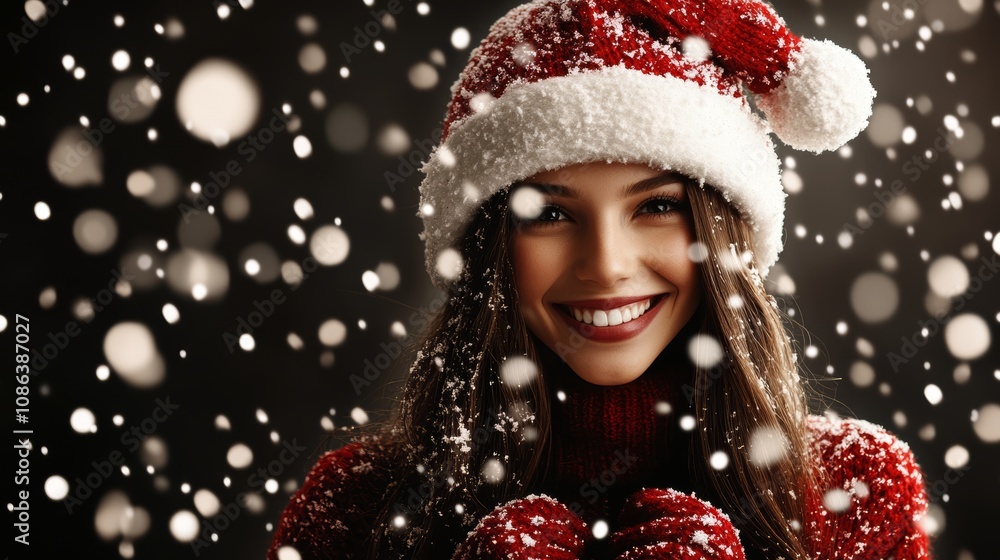 A cheerful woman in a Santa hat and cozy mittens joyfully forms a heart shape with her hands, capturing the spirit of love and holiday cheer. A cheerful woman in a Santa hat and cozy mittens joyfully forms a heart shape with her hands, capturing the spirit of love and holiday cheer.