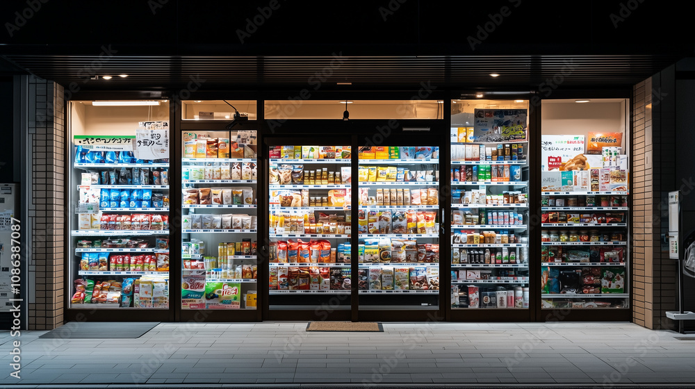 Nighttime Convenience Store: A well-lit convenience store storefront glows invitingly in the darkness, showcasing a vibrant array of products and promising a quick and easy shopping experience. Nighttime Convenience Store: A well-lit convenience store storefront glows invitingly in the darkness, showcasing a vibrant array of products and promising a quick and easy shopping experience.