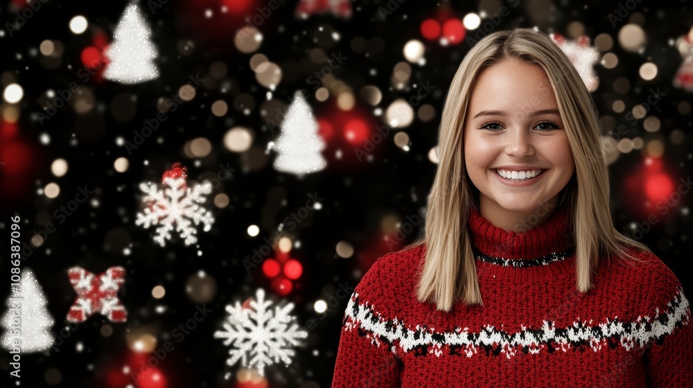 A joyful woman in a cozy red sweater, surrounded by festive Christmas decorations, radiating warmth and holiday spirit in a cheerful atmosphere. A joyful woman in a cozy red sweater, surrounded by festive Christmas decorations, radiating warmth and holiday spirit in a cheerful atmosphere.