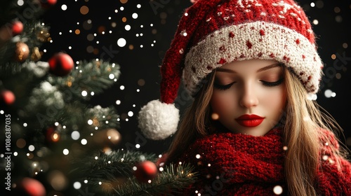 A joyful woman in a Santa hat and scarf stands beside a beautifully decorated Christmas tree, radiating festive cheer and holiday spirit.