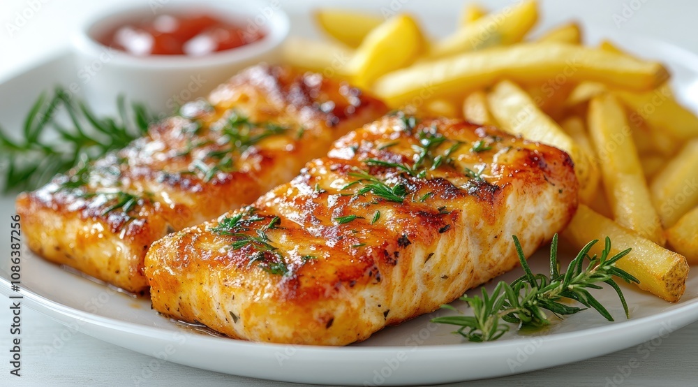 Grilled salmon fillets with crispy french fries and ketchup. Grilled salmon fillets with crispy french fries and ketchup.