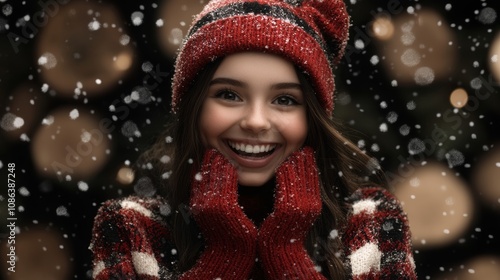 A joyful woman in a vibrant red hat and mittens beams amidst a winter wonderland, surrounded by soft, glistening snowflakes.