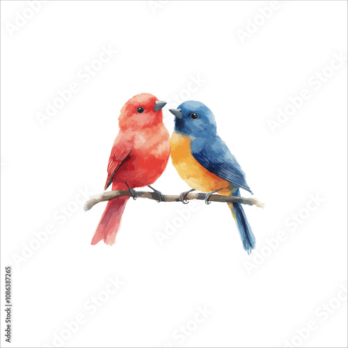 Watercolor lovebirds couple on a branch clipart. love Birds and heart watercolor illustration.