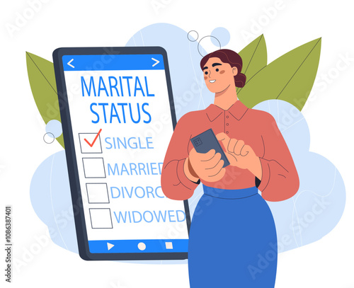 Woman with marital status. Unmarried young girl near smartphone chooses her married status. Single, married, divorced or widowed. Flat vector illustration isolated on white background